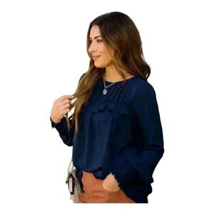 Betsy’s Boutique Shop Blue Navy Ruffle Long Sleeve Women’s Top Size Medium
